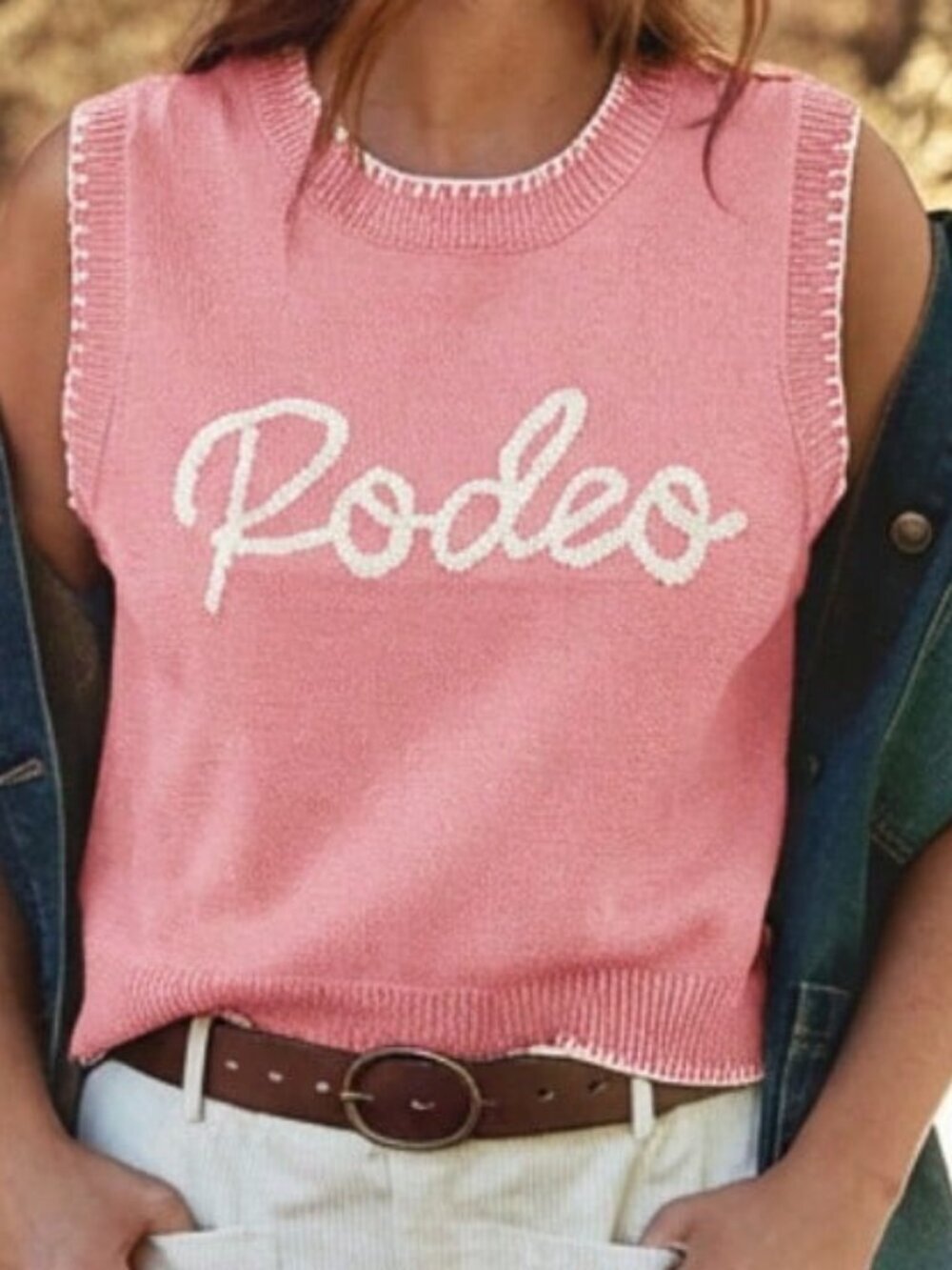 Pink Casual Women's Round Neck Multi Stitch Rodeo Embroidered Sweater Vest - Picture 2 of 5
